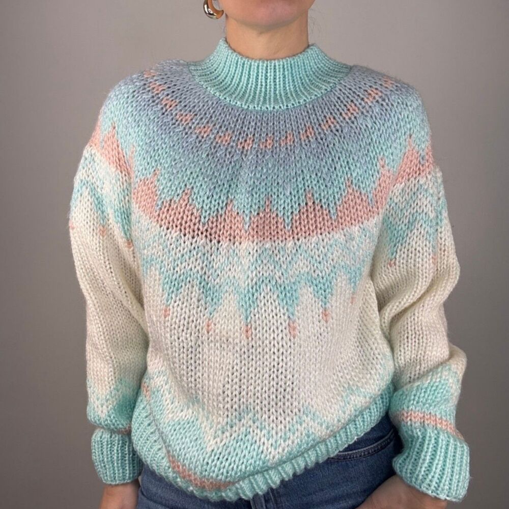 Vintage Hand Knit Fair Isle Sweater | Pastel Chunky Korean Knit Jumper - Picture 2 of 10